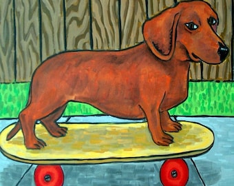 dachshund tile - dachshund art - Dachshund Riding a Skateboard Dog Art coaster tile Gift - dachshund gifts