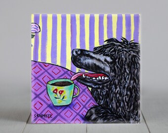 portuguese water dog - at the coffee shop - dog artwork - tile coaster - gift