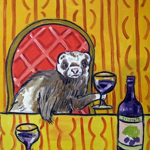 13x19 ferret print, ferret art, ferret wine, wine decor, animal canvas wall, wall art animal, ferret wall decor, ferret decor gift,