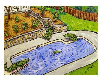Alligator Pool Party Art Print 13x19 - matte or glossy