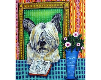 Skye Terrier Reading a Book Dog Art Print