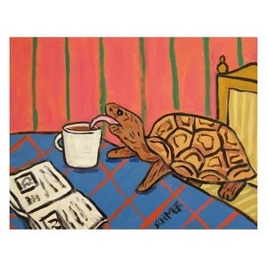 turtle coffee shop art print animal decor - stretched canvas or paper print