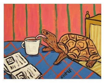 turtle coffee shop art print animal decor - stretched canvas or paper print