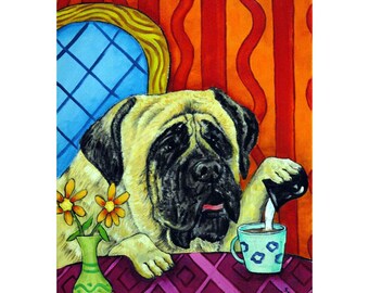 Mastif at the coffee shoop dog art print 13 x19 matte or glossy print