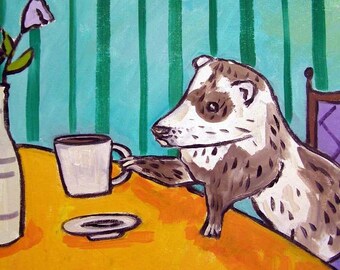 Ferret at the Cafe coffee art decor print 13x19 gfit pet animal