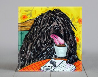 Puli at the Coffee Shop Dog art tile coaster - multiple sizes available