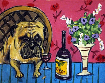 Mastiff at the Wine Bar Dog Art Print Giclee Gift 13x19 JSCHMETZ modern abstract folk pop art AMERICAN ART gift