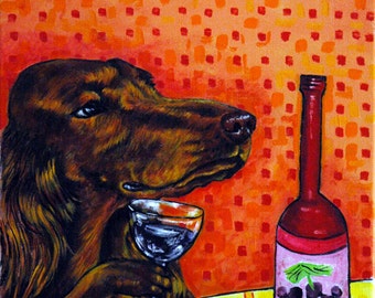 Irish Setter at the Wine Bar Dog Art Print   JSCHMETZ modern abstract folk pop art gift