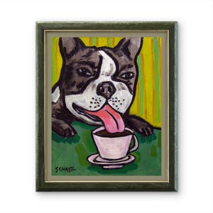 Boston Terrier Coffee Shop Art Print | Funny Dog in Cafe Wall Decor | Stretched Canvas or Matte Poster Gift