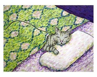 Sleeping gray cat animal art print, bedroom home decor from original oil by Schmetz