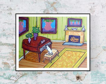 siamese cat playing piano - cat art print