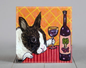 bunny rabbit wine bar art decor gift coaster tile animal home decor