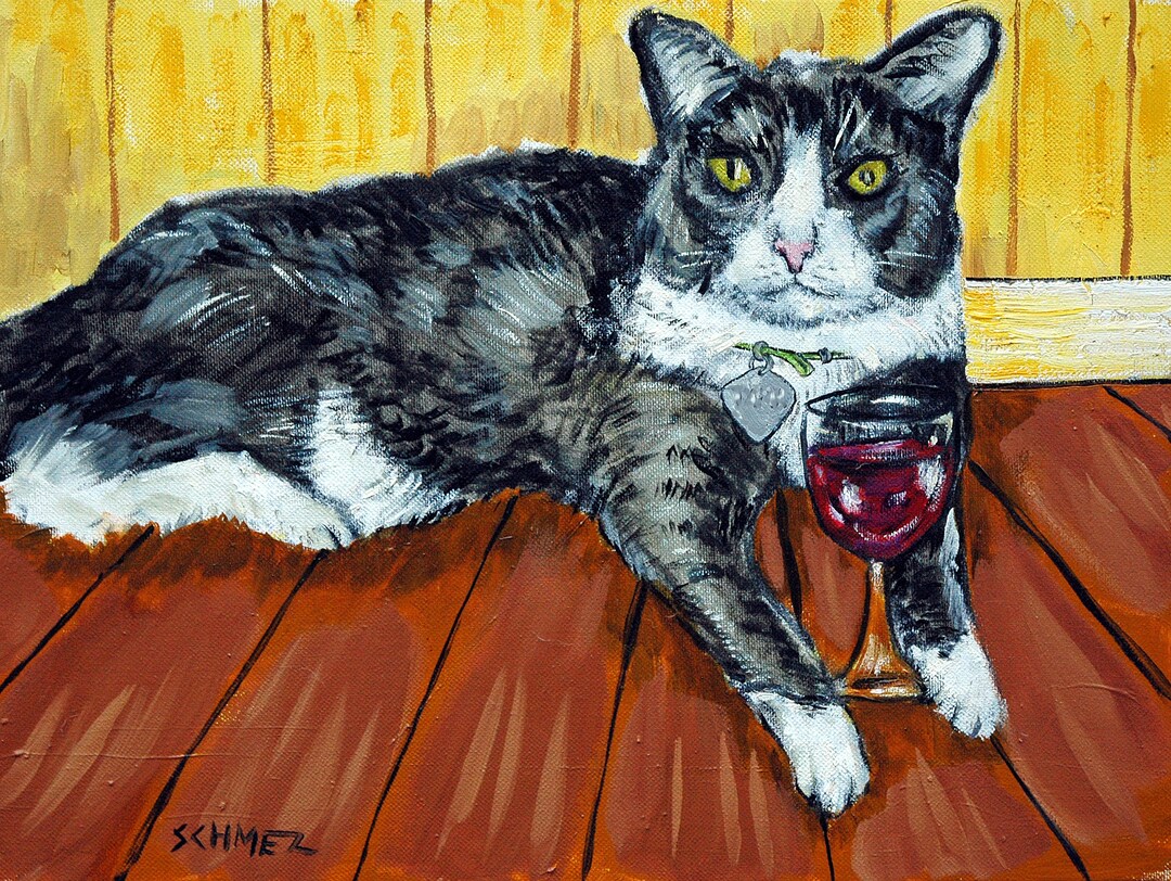 Cat Canvas Print - Cat Art, Tuxedo Cat Wall Art, Wine Art, Kitchen ...