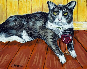 cat canvas print - cat art, tuxedo cat wall art, wine art, kitchen decor, animal art, home decor, animal decor, cat wine,canvas wall art cat