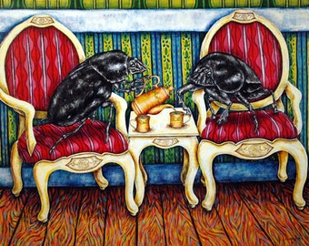 DUng Beetle Tea Time Insect  Animal Art Print