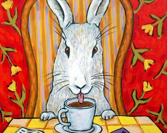 Bunny at the coffee shop - animal decor - cafe vibes - 13x19