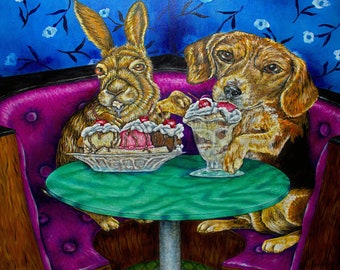 bunny and beagle at the ice cream parlour art on canvas - ready to hang animal decor