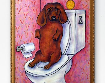 May include: A framed painting of a brown dachshund sitting upright on a white toilet against a pink patterned wall. A roll of white toilet paper is mounted on the wall to the left, and a yellow textured object sits on the toilet tank.