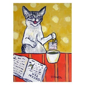 cat art - Cat Steeping Tea Art Print, cat gifts, gift
