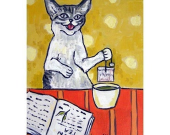 cat art - Cat Steeping Tea Art Print, cat gifts, gift