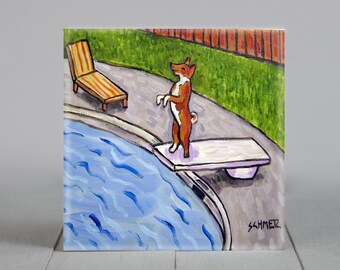 Basenji at the Pool Dog Art coaster tile Gift dog animal dcor