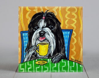 shih tzu at the coffee shop dog art tile ocaster gift - multiple sizes
