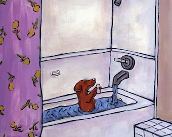 dachshund weiner dog taking a bath art print on canvas with .75 or 1.5 inch edges, - multiple sizes