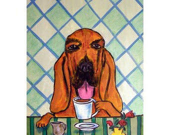 Bloodhound at the Coffee Shop Dog Art Print - stretched canvas or paper print - multple sizes