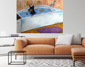 Doberman Pinscher Taking a Bath Dog Art Print on ready to hang gallery wrap canvas- home bathroom decor