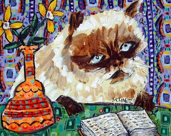 Burmese cat reading animal art tile coaster gift - multiple sizes available