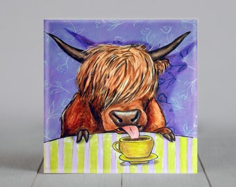 Highland Cow coffee coaster tile - animal lover gift - farmhouse decor - gift for boyfriend - birthday gift