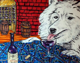 samoyed at the wine bar dog art tile coaster gift