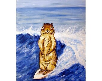 Chipmunk art print from painting , surfer gift animal by Jay Schmetz