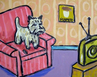 Cairn terrier watching tv dog art on a ready to hang canvas print - fine art home decor