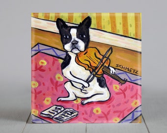 Boston terrier violinist dog art artwork tile coaster gift - multiple sizes
