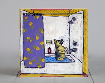 German shepherd taking a bath - dog art - tile coaster - animal lover gift