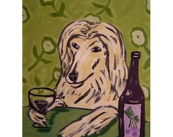 Afghan Hound at the Wine Bar Dog Art PRINT 13x19 JSCHMETZ modern abstract folk pop art american ART gift
