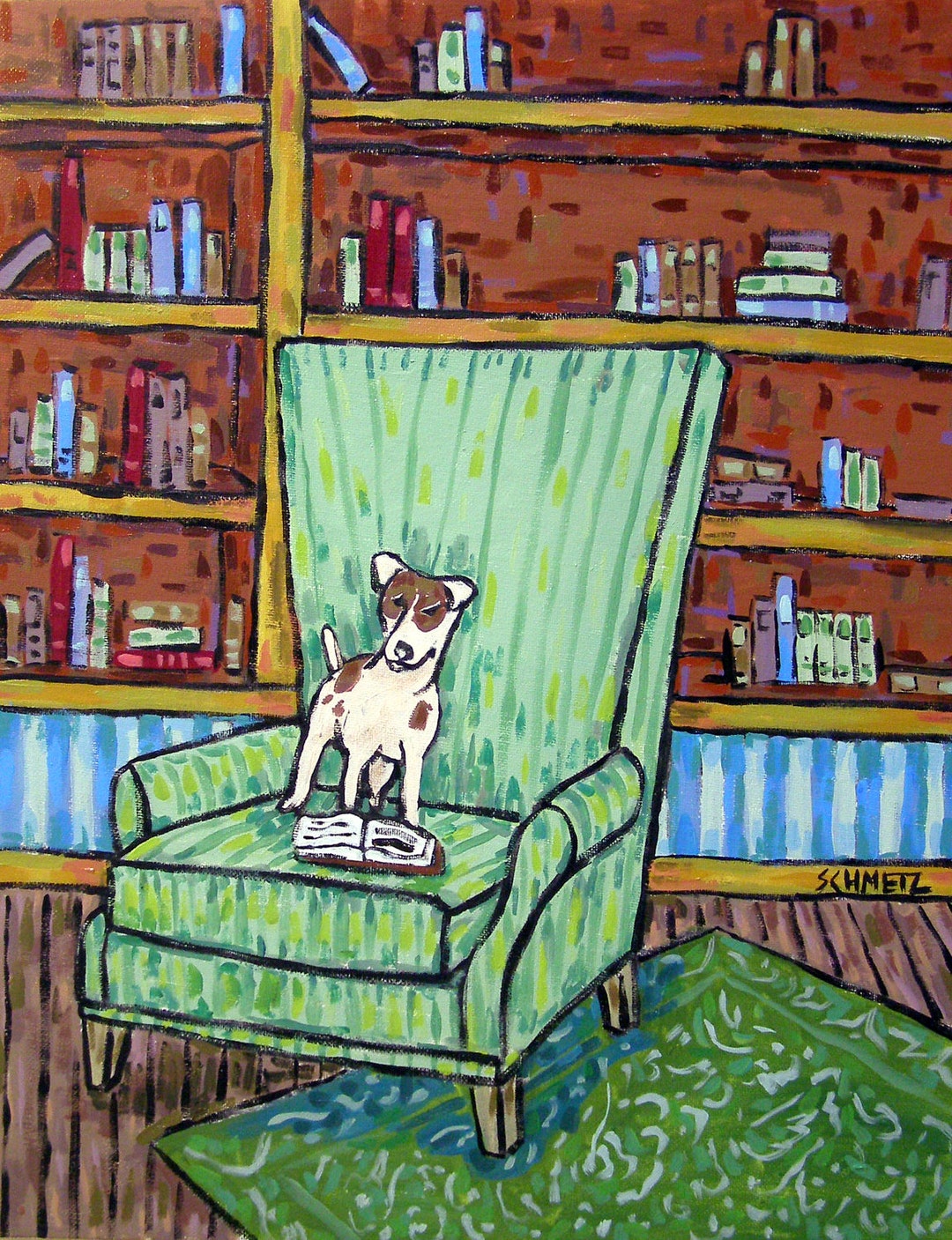 Rat Terrier Reading Dog Art Print Stretched Canvas or Matte Paper Print