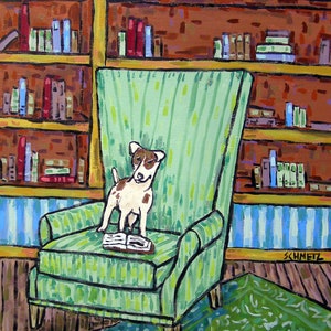 Rat Terrier Reading Dog Art Print -  stretched canvas or matte paper print - multiple sizes