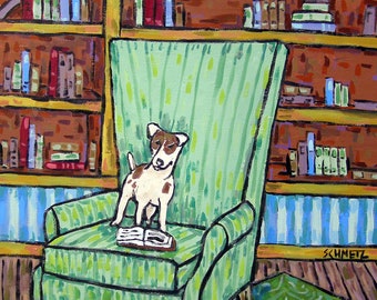 Rat Terrier Reading Dog Art Print -  stretched canvas or matte paper print - multiple sizes