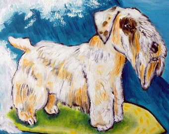 Sealyham terrier surfing - dog art - tile coaster - animal lover gift