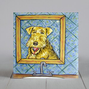 AiredaleTerrier Brushing Teeth Dog Art coaster tile - multple sizes