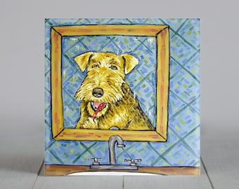 AiredaleTerrier Brushing Teeth Dog Art coaster tile - multple sizes