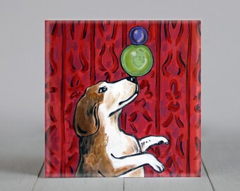 Beagle Dog Art Ceramic Coaster Tile - Animal Decor Gift Item