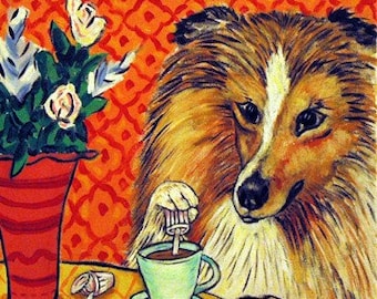 Shetland Sheepdog at the Cafe Dog Art coaster tile Gift