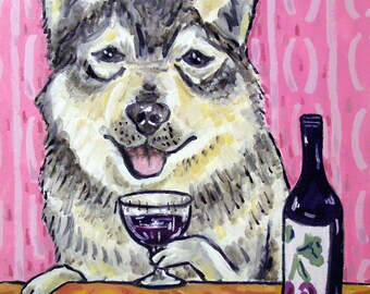 Swedidh Vallhund at the Wine Bar Dog Art Print  modern folk - stretched canvas or paper print - multiple sizes