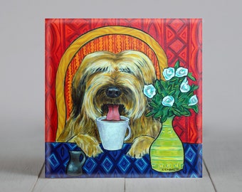 briard at the coffee shop dog art tile coaster gifrt - multple sizes