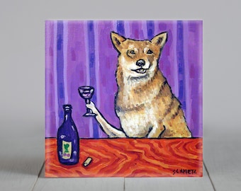 saarloos wolfhound at the wine bar animal dog art tile coaster gift decor