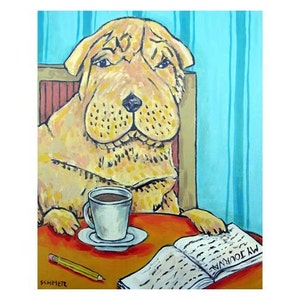 Shar Pei at the Coffee Shop Dog Art Print  - stretched canvas or paper print - multple sizes