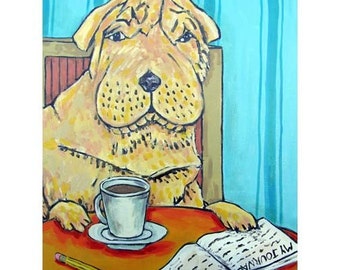 Shar Pei at the Coffee Shop Dog Art Print  - stretched canvas or paper print - multple sizes